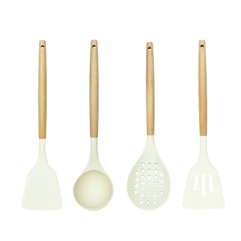 1pc silicone kitchenware set with short wooden handle, non stick pot, spoon, spatula, food clip, scraper, oil brush creamy white - Eloy Royal