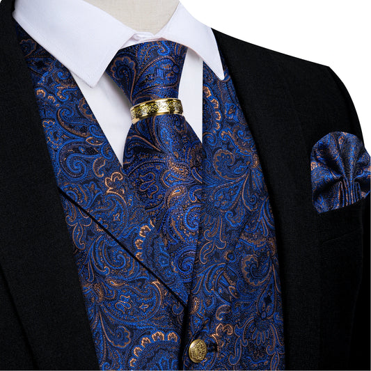 Luxury Royal Blue Paisley Silk Suit Vest Tie Set with Dragon Metal Ring Handkerchief Cufflinks Wedding Prom Tuxedo Waistcoat