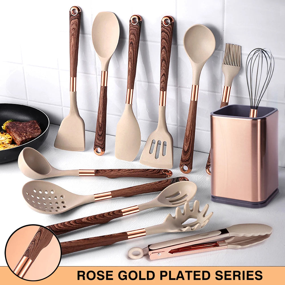 Silicone Cooking Utensils Set Kitchen Non-stick Tool Gold Plated Handle Gadgets BPA FREE Kitchenware Heat Resistant Spatula Set - Eloy Royal