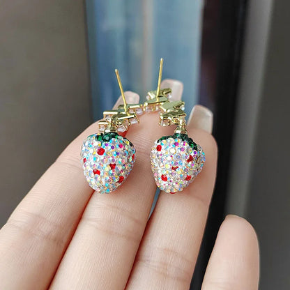 Colorful Stereo Simulation Strawberry Dangle Earring Shiny Zircon Fruit Drop Earring Female Lovely Sweet Girl for Women Jewelry