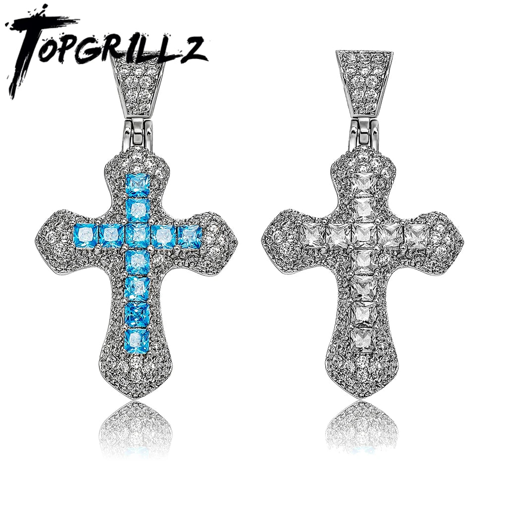 TOPGRILLZ New Classic Shiny Cross Necklace Iced Baguette Blue Zirconia Pendant Fashion Female Religious Jesus Hip Hop Jewelry - Eloy Royal