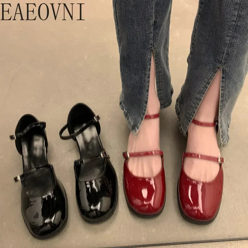 New Mary Jane Shoes Buckle Pumps Women Thick Heels Elegant Shallow Square Toe Footwear Party Office Lady Leather Shoes - Eloy Royal