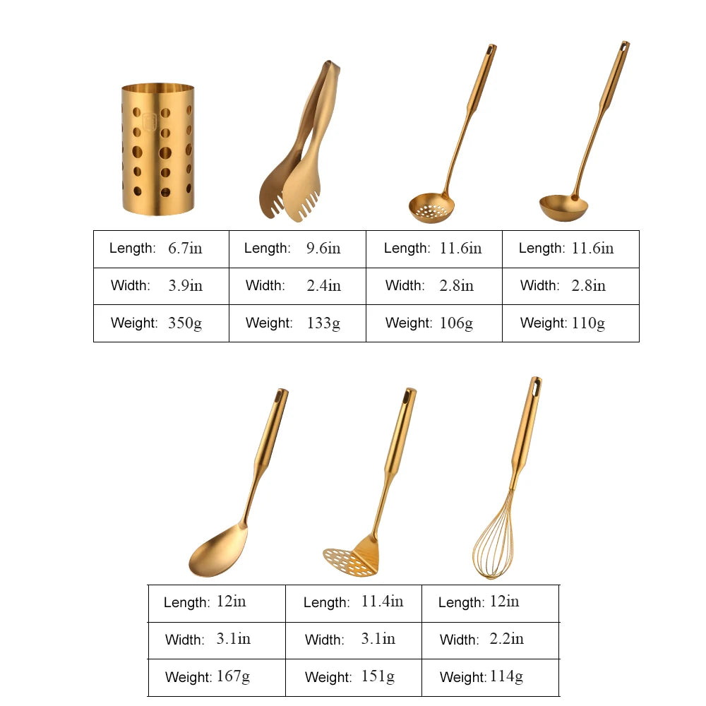 1/7pcs Gold Cooking Tool Set Chopsticks Tube Kitchenware Soup Ladle Colander Set Egg Stirrer Food Clip Kitchen Utensils - Eloy Royal