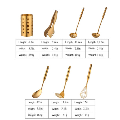 1/7pcs Gold Cooking Tool Set Chopsticks Tube Kitchenware Soup Ladle Colander Set Egg Stirrer Food Clip Kitchen Utensils - Eloy Royal