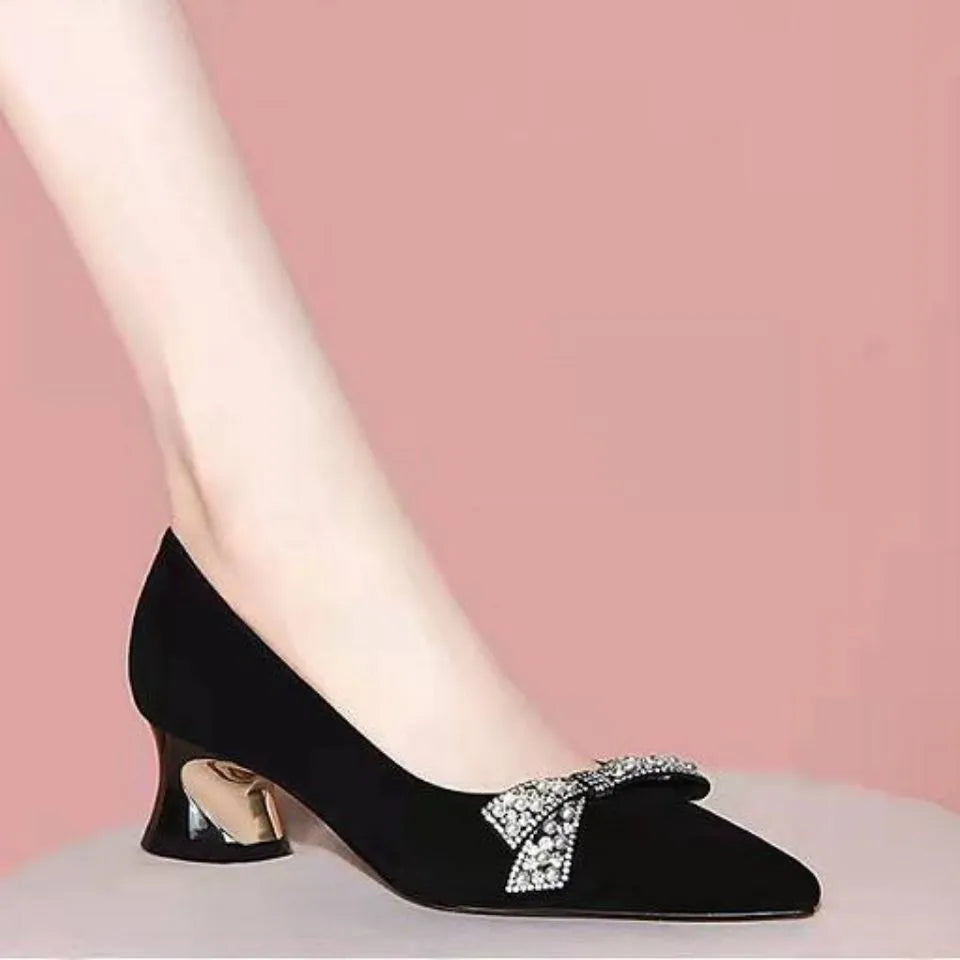 Women's Summer Footwear Diamond Shoes for Woman 2023 Evening with Bow Black Pointed Toe Rhinestone Crystals Medium Heels Fashion - Eloy Royal