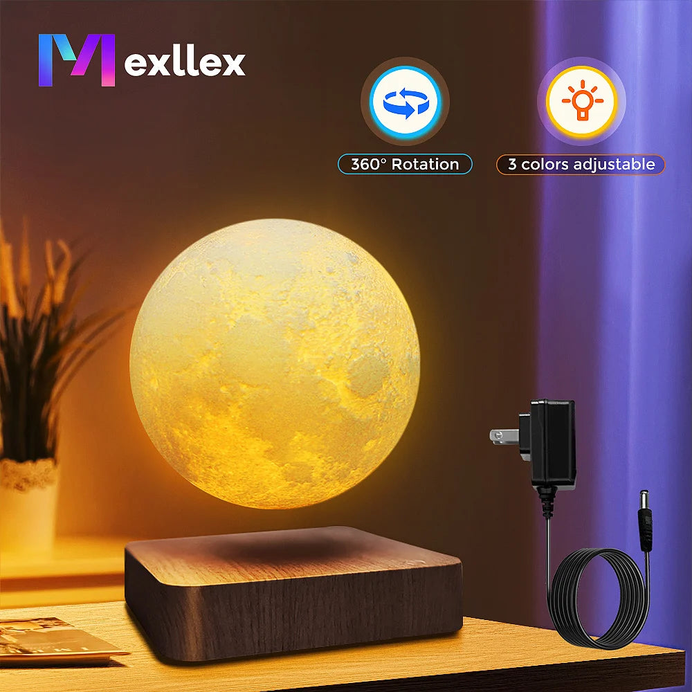 Levitating Moon Magnetic Floating Night Light, 3 Colors Temperature, Creative Table 3D LED Lamp with Wooden Base for Gift Office