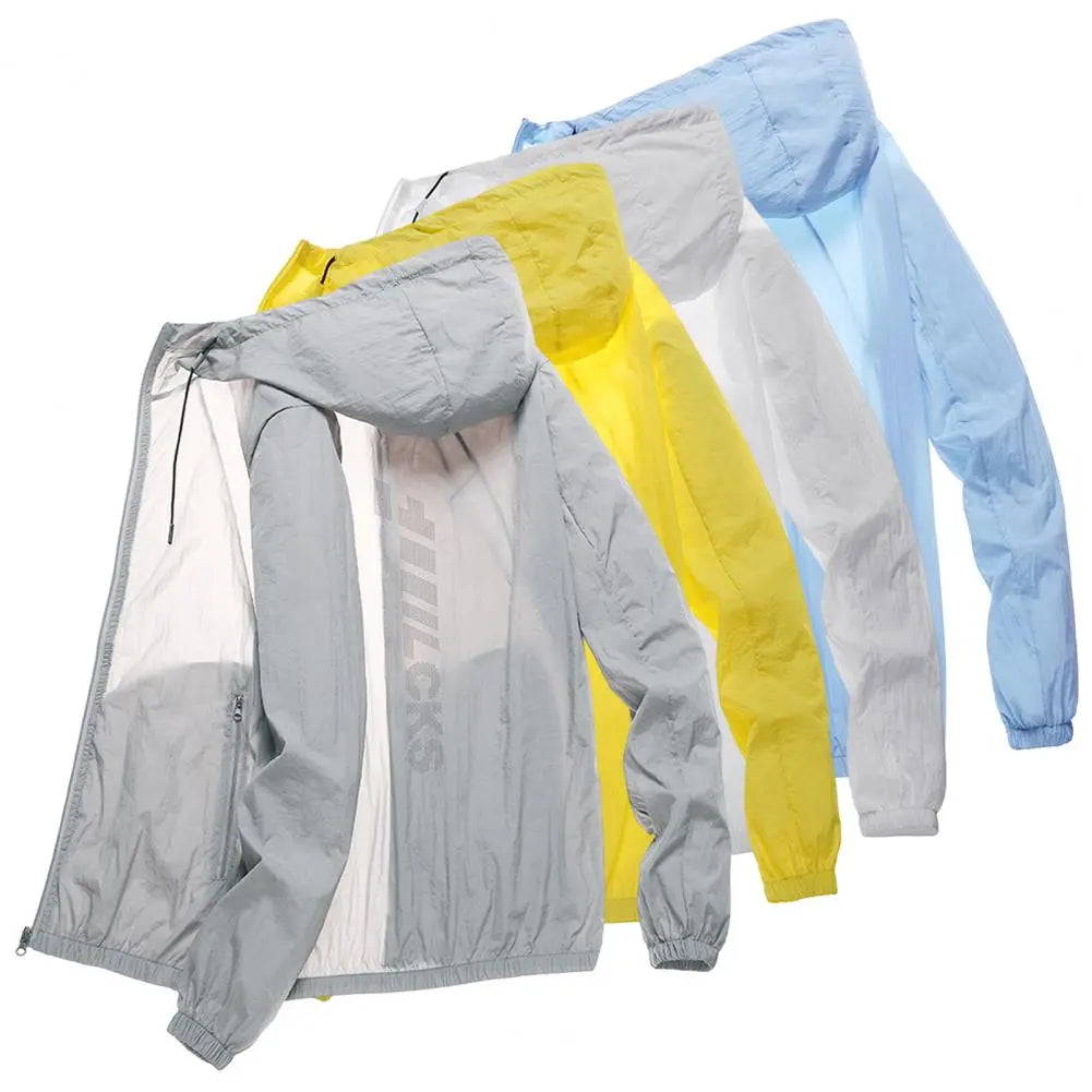 Hooded Long Sleeve Pockets Zipper Placket Windbreaker Jacket Men Ultra Thin Sun Protection Coat Summer Running Camping Jacket