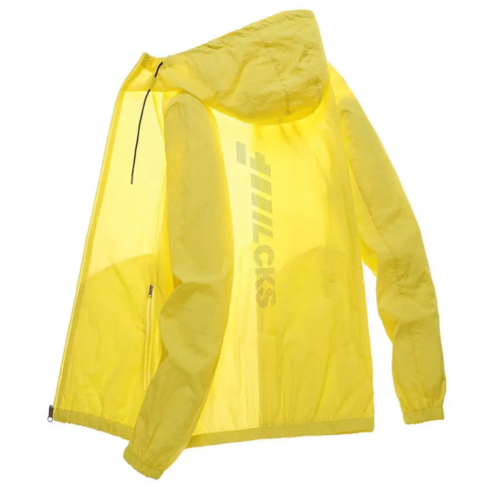 Hooded Long Sleeve Pockets Zipper Placket Windbreaker Jacket Men Ultra Thin Sun Protection Coat Summer Running Camping Jacket Yellow