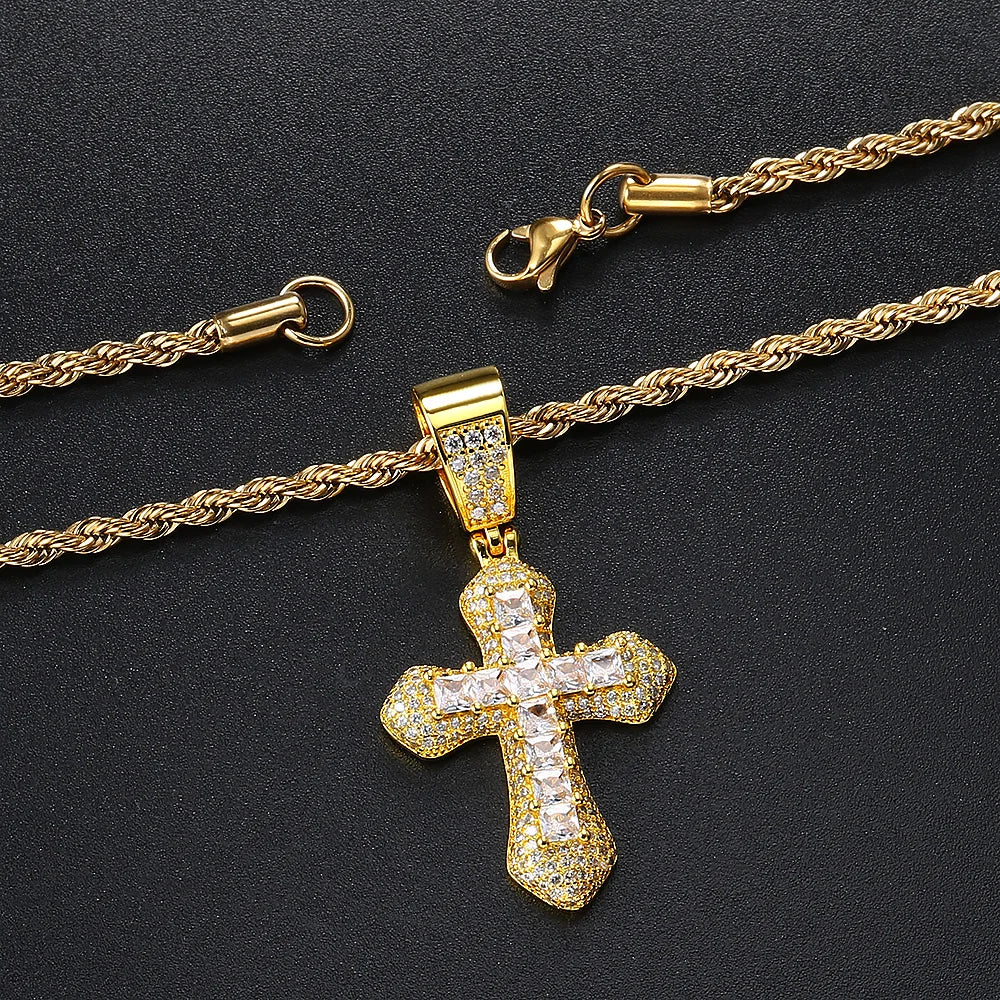 Iced Out Zirconia Cross Pendant Necklaces Fashion Hiphop Rapper's Stainless Steel Rope Chain on Neck Homme Trend Jewelry OHP141 - Eloy Royal