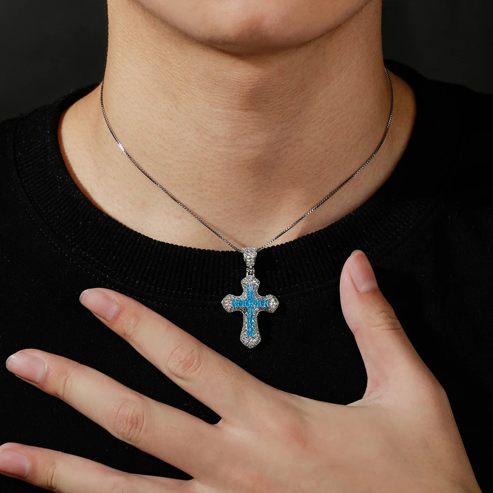 TOPGRILLZ New Classic Shiny Cross Necklace Iced Baguette Blue Zirconia Pendant Fashion Female Religious Jesus Hip Hop Jewelry - Eloy Royal