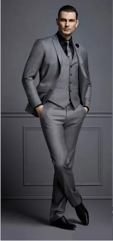 Fashion Handsome Dark Gray Mens Suits Groom Blazer Wedding Suits For Best Men Slim Fit Groom Tuxedos For Man(Jacket+Vest+Pant)