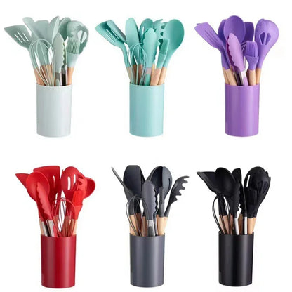 12Pcs Silicone Cooking Utensils Set Wooden Handle Kitchen Cooking Tool Non-stick Cookware Spatula Shovel Egg Kitchenware Beaters - Eloy Royal