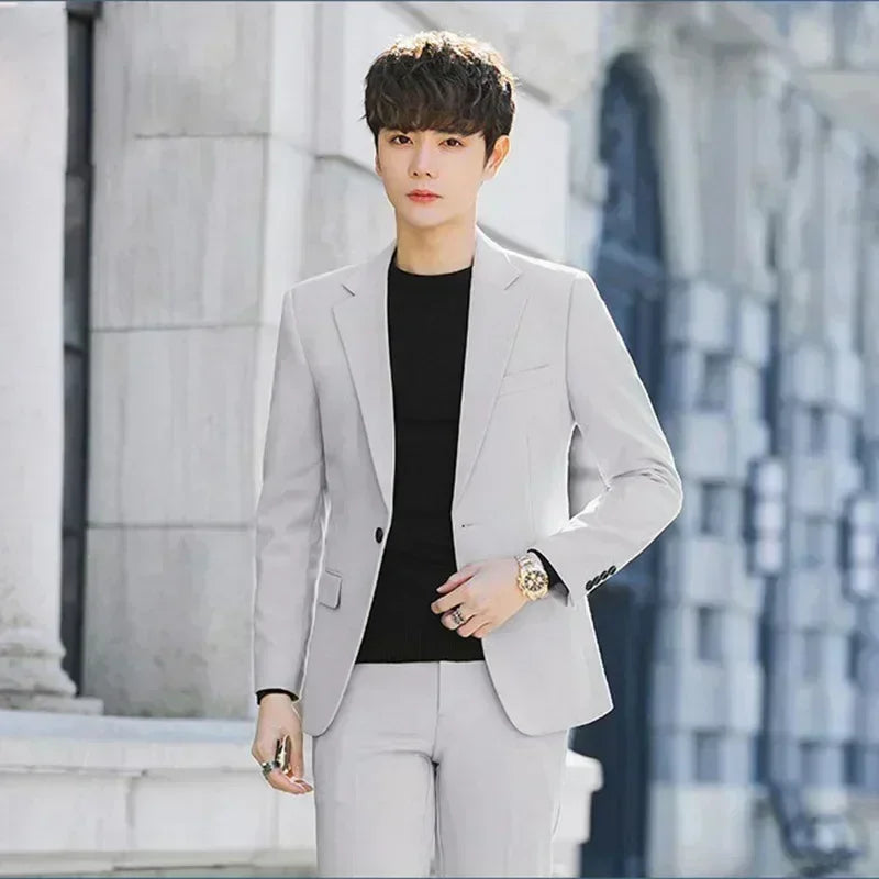 S-6XL Men's Business Casual Suit Korean Style Trendy Slim Fit 2 Piece Set Solid Color （Blazer+ Pants )Groom Wedding Dress Party