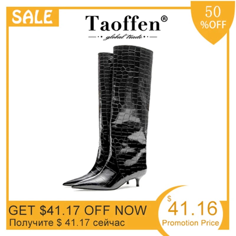 Taoffen New Women Knee High Boots Real Leather Pointed Toe Women Winter Shoes Fashion Sexy Party Shoes Women Footwear Size 35-42 - Eloy Royal