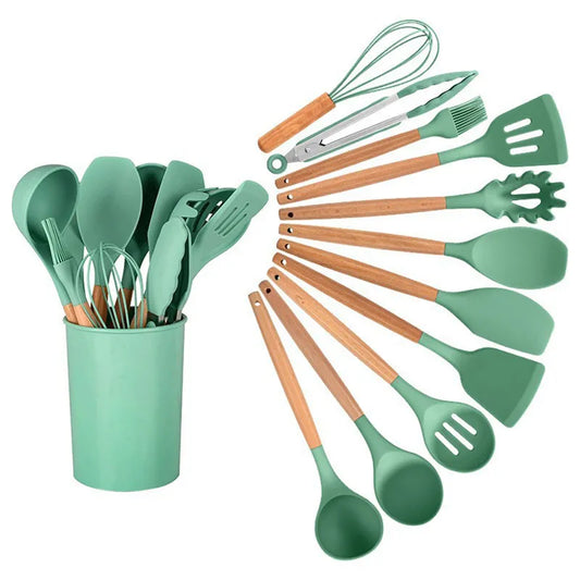 11/12PCS Silicone Kitchenware Non-Stick Cookware Kitchen Utensils Set Spatula Shovel Egg Beaters Wooden Handle Cooking Tool Set - Eloy Royal