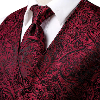 Hi-Tie 4PC Silk Men's Vest With Tie Hanky Cufflink Business Formal Dress Slim Sleeveless Jacket Burgundy Paisley Suit Waistcoat