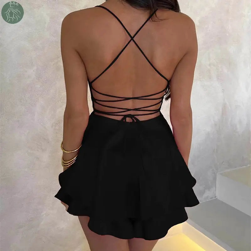 Sexy Suspender Skirt For Women Elegant Slim Strap Satin Backless Lace Up A-Line Short Dress Lady - Eloy Royal