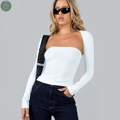 Sexy Tube Top Cinched Waist T-shirt Long Sleeve Tight Two-piece Blouse Women's Top - Eloy Royal