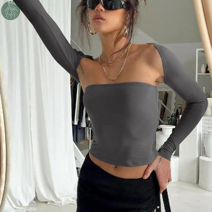 Sexy Tube Top Cinched Waist T-shirt Long Sleeve Tight Two-piece Blouse Women's Top - Eloy Royal