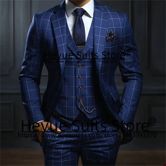 Navy Blue Plaid Luxuly Men Suits Slim Fit Notched Lapel Groom Formal Tuxedos Prom 3 Pcs Sets Business Male Blazer Costume Homme