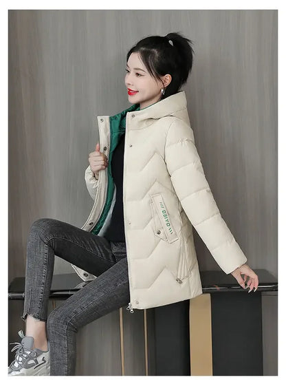 Winter Fashion Women Mid Length Down Cotton Jacket Korean Loose Thick Warm Padded Coat Female Hooded Parkas Outerwear Winter