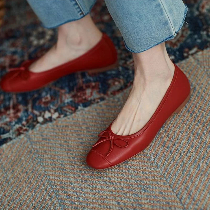 Women's Summer Footwear with Bow Red Shoes for Woman 2023 Round Toe Flat Flats Normal Leather Casual Free Shipping Offer Fashion - Eloy Royal