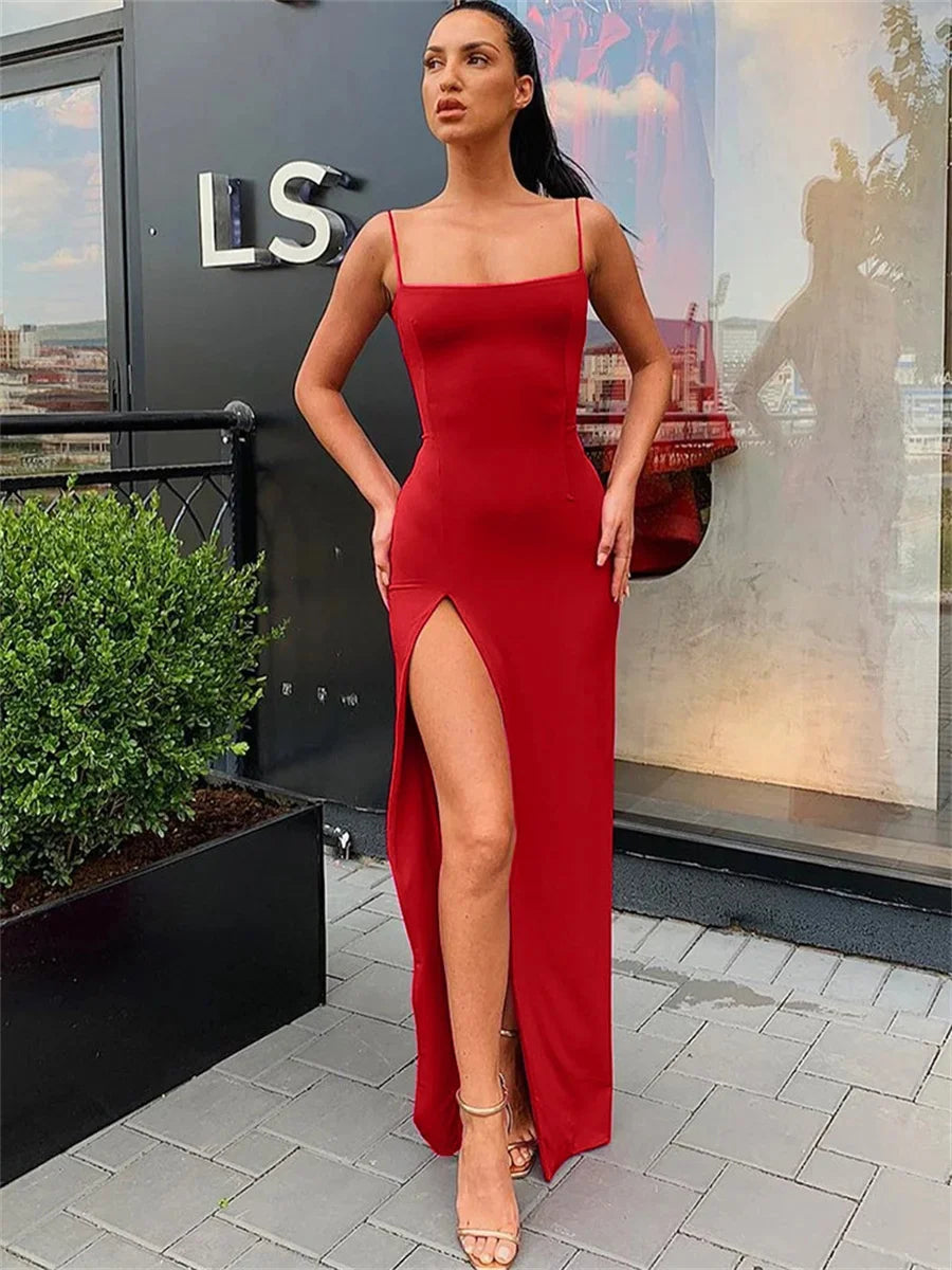 Women Summer Sexy Bodycon Dress Lady Sexy Spaghetti Strap Sleeve Split Solid Color Sheath Dress Vestidos - Eloy Royal