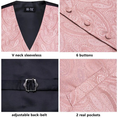 Wedding Peach Pink Mens Vests Silk Paisley Jacquard Waistcoat Tie Hanky Cufflinks Brooch Set for Men Suit Formal Business Hi-Tie