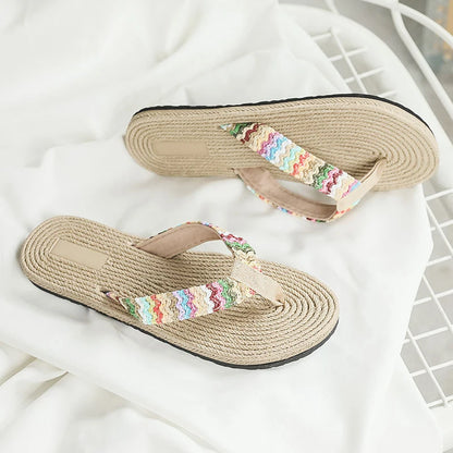 2024 Woven Flip-flops For Women Summer Fashion Casual Trendy Outer Wear Wedge Beach Flip-flops Flower Thick Soles