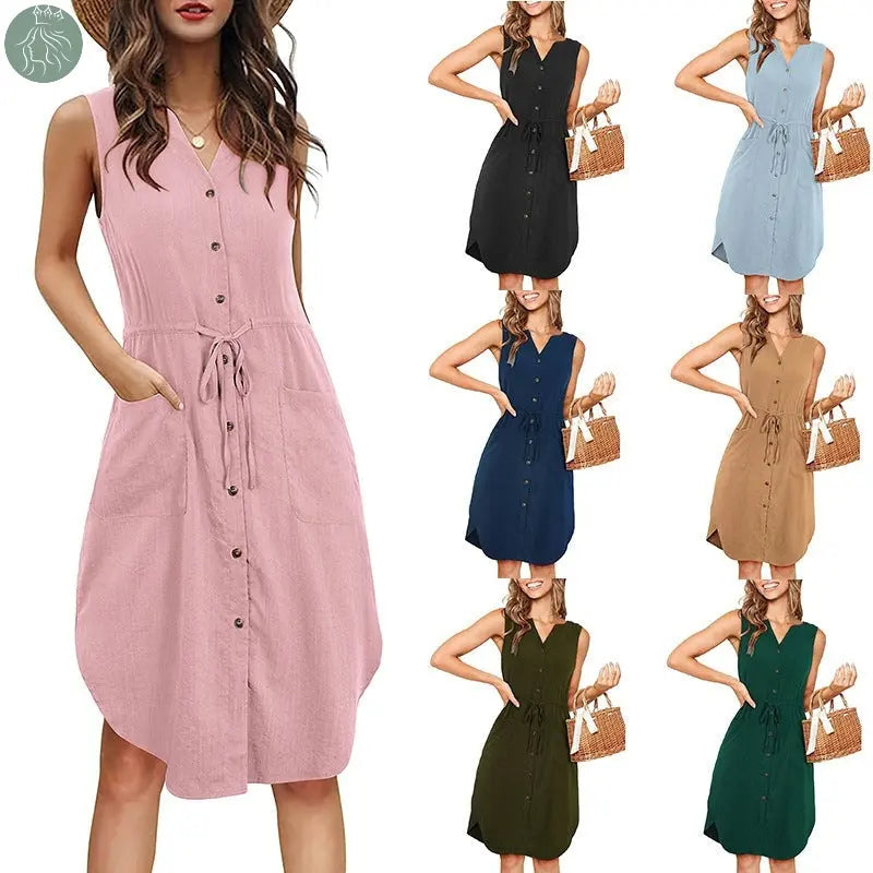 Sleeveless V-neck Buttoned Dress With Pockets Fashion Casual Waist Tie Design Summer Dress Womens Clothing - Eloy Royal