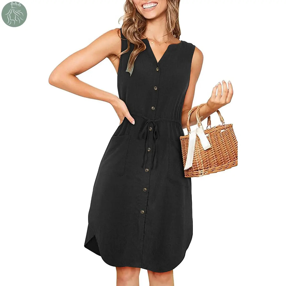 Sleeveless V-neck Buttoned Dress With Pockets Fashion Casual Waist Tie Design Summer Dress Womens Clothing - Eloy Royal