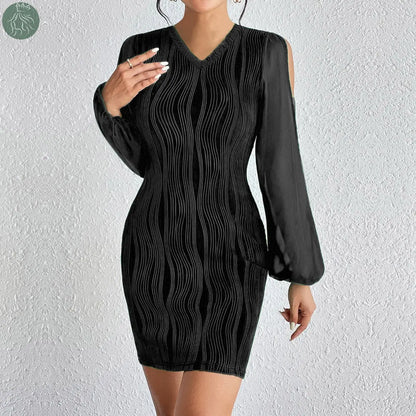 Slimming V-neck Dress Women Fashion Long Sleeve Solid Color Short Dress - Eloy Royal