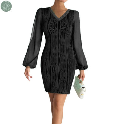 Slimming V-neck Dress Women Fashion Long Sleeve Solid Color Short Dress - Eloy Royal