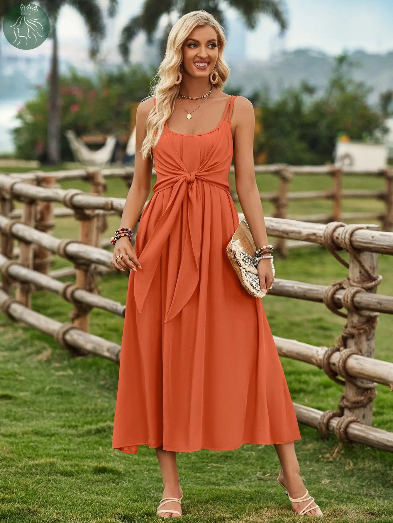 Solid Color Suspender Long Dress Spring And Summer Bow Waist Tie Design Dress Womens Clothing - Eloy Royal