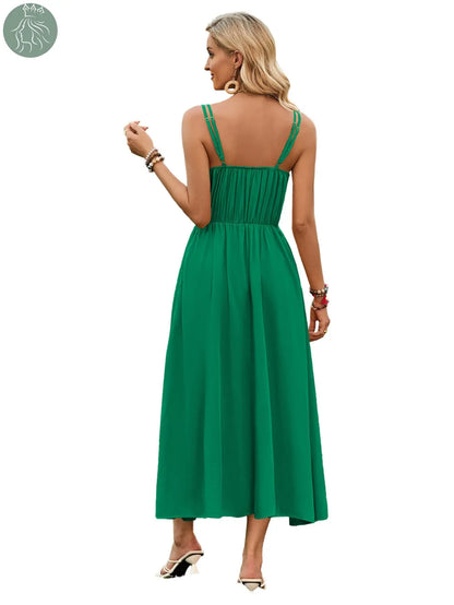 Solid Color Suspender Long Dress Spring And Summer Bow Waist Tie Design Dress Womens Clothing - Eloy Royal