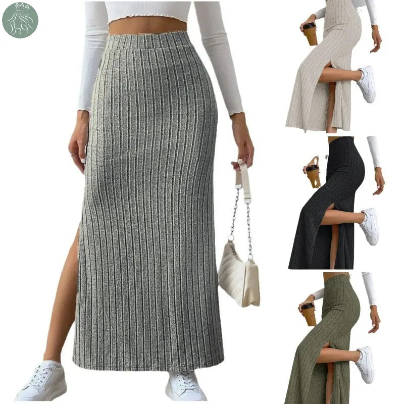 Spring Long Skirt High Waist Side Slit Slim Fit Knitted Women's Dress - Eloy Royal