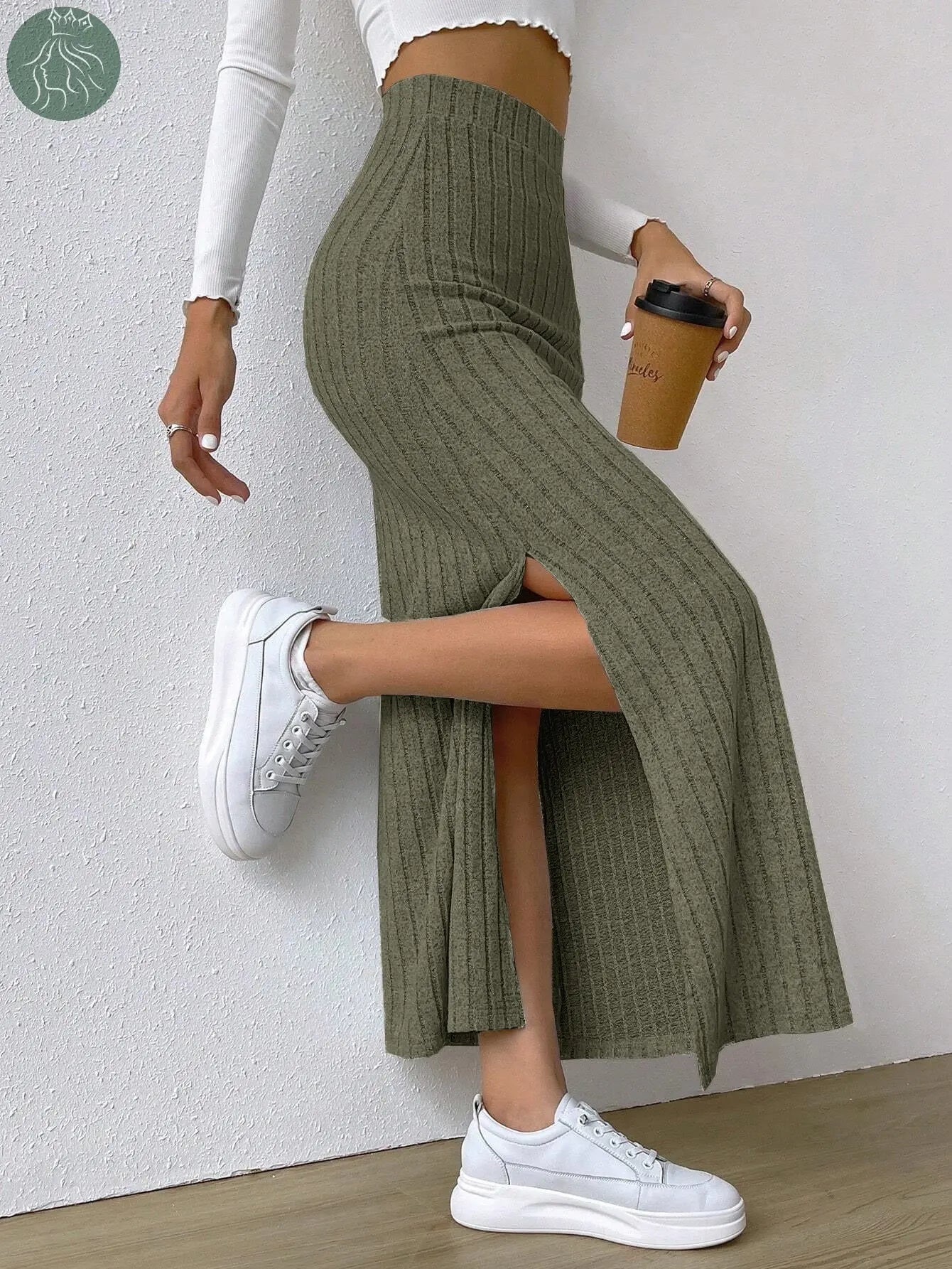 Spring Long Skirt High Waist Side Slit Slim Fit Knitted Women's Dress - Eloy Royal