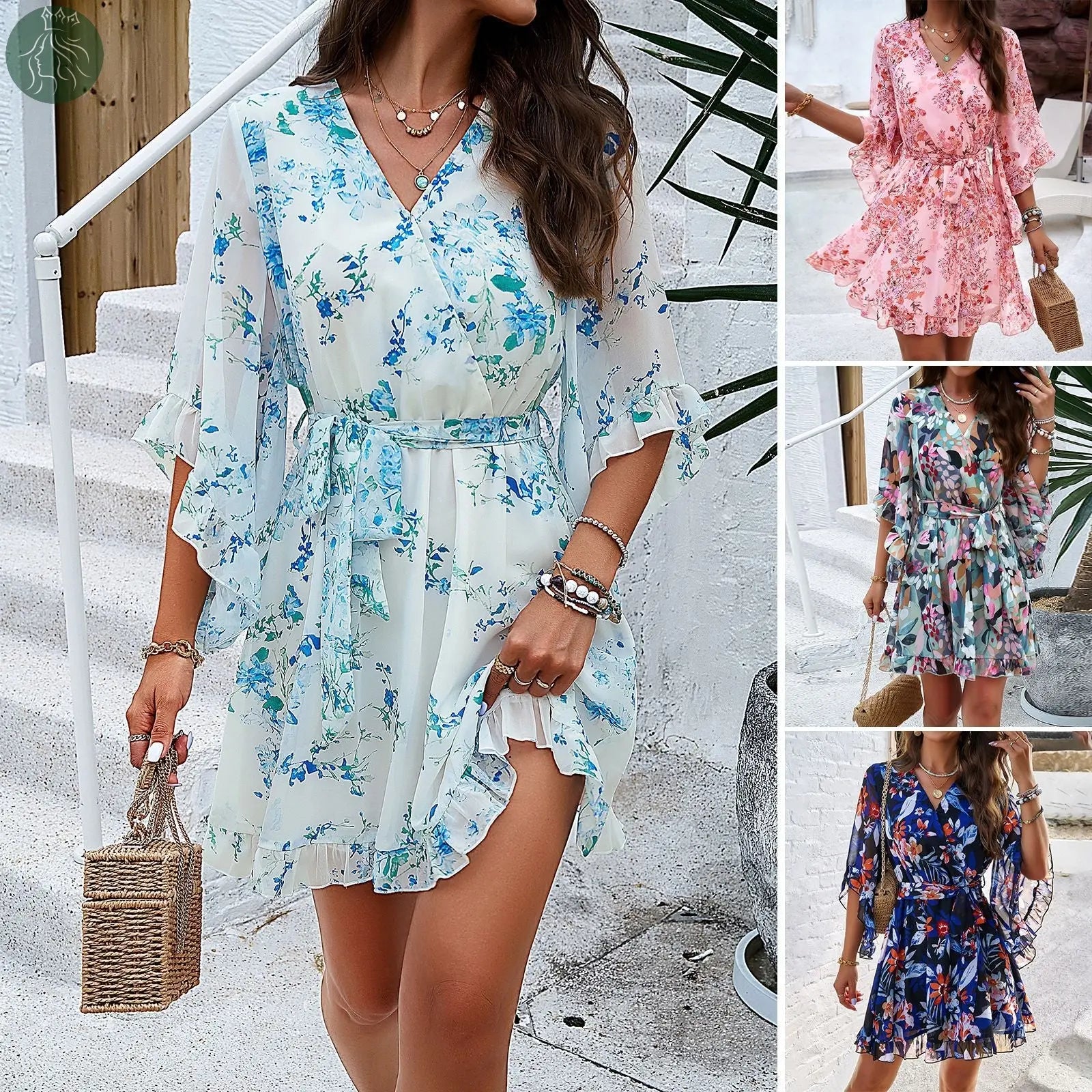 Summer Floral Print Short Sleeves Dress Lace Up Ruffles Design Fashion V-neck Short Dresses Womens Clothing - Eloy Royal