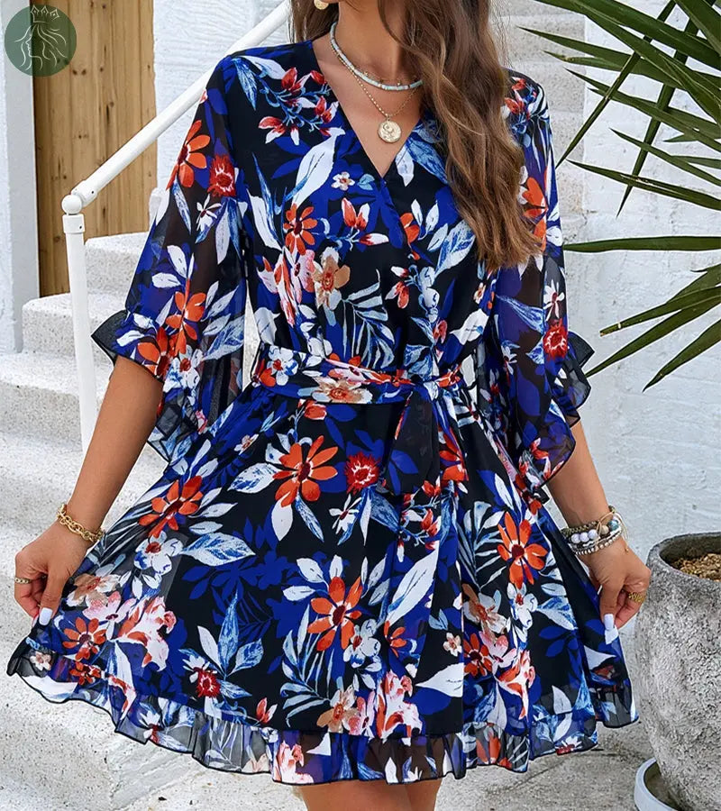 Summer Floral Print Short Sleeves Dress Lace Up Ruffles Design Fashion V-neck Short Dresses Womens Clothing - Eloy Royal