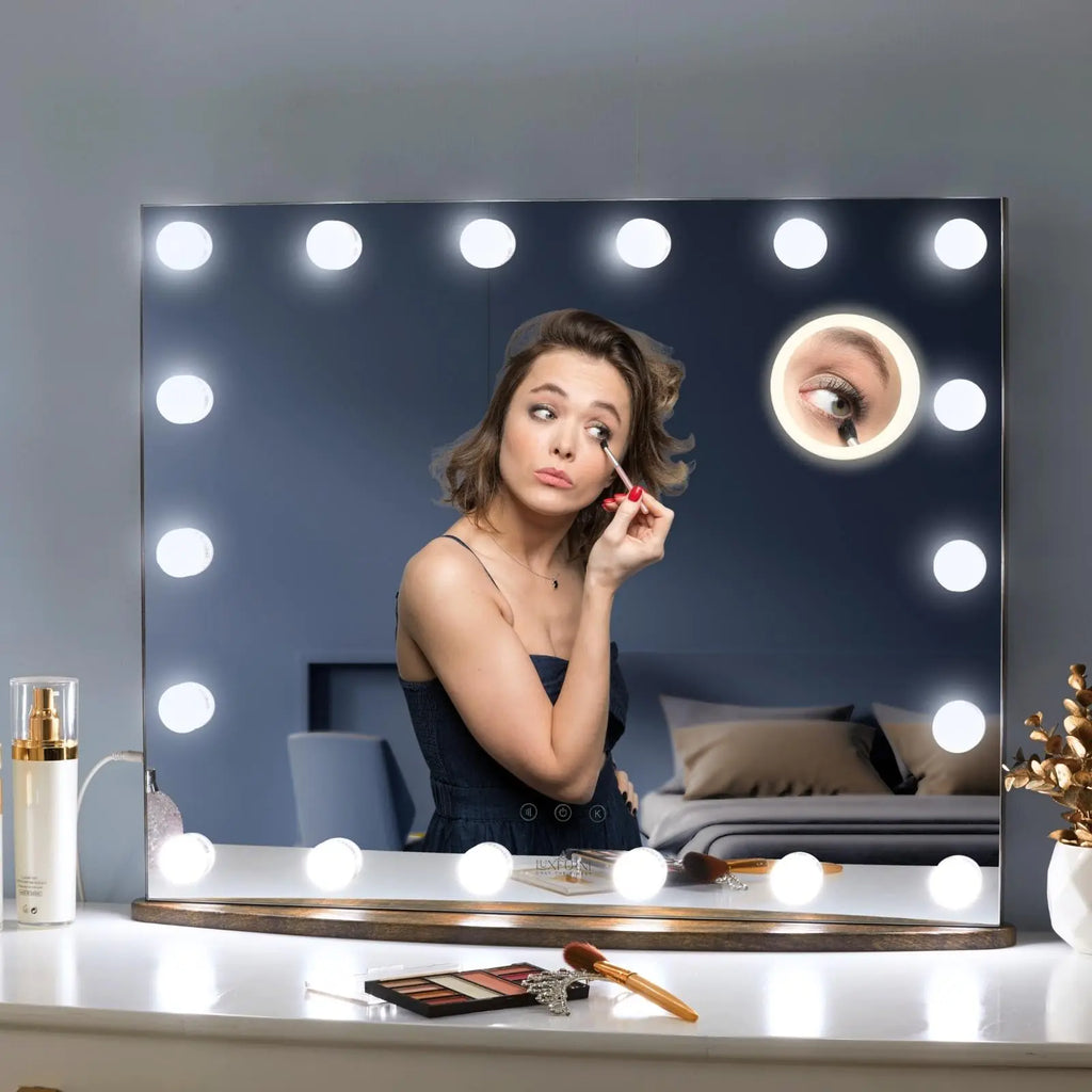 LUXFURNI Vanity Mirror with Makeup Lights Large Hollywood Light up Mirrors w/ 18 LED Bulbs Tabletop & Wall Mounted (26Lx21W Rustic Brown)