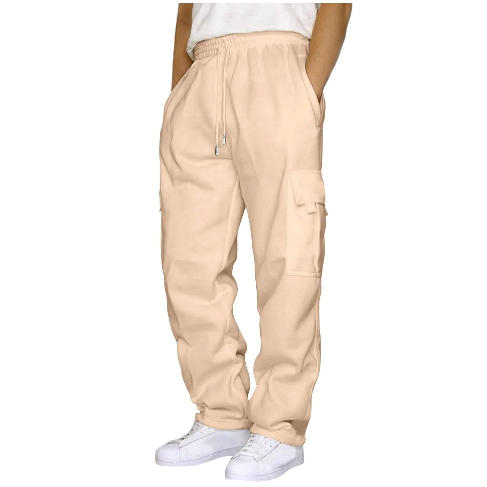 Heavyweight Fleece Cargo Sweatpants for Men Baggy Elastic Waist Drawstring Sweatpants with Pockets Joggers Trousers (Z01-BeigeX-Large)