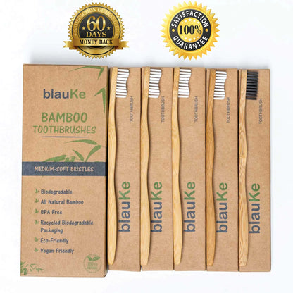 Bamboo Toothbrush Set 5-Pack - Bamboo Toothbrushes with Medium Bristles for Adults - Eco-Friendly, Biodegradable, Natural Wooden Toothbrushes