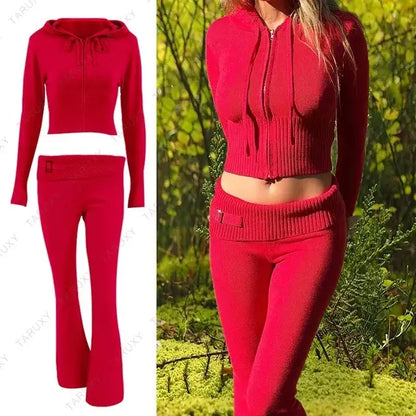 Knitted Hoodie Cropped Top And Pants Set - Eloy Royal