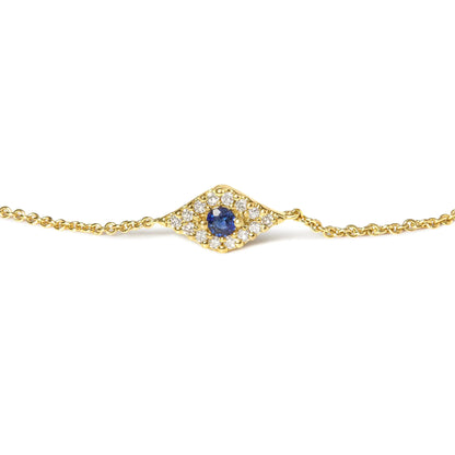 10K Yellow Gold Blue Sapphire and Diamond Accent Evil Eye Station Link Bracelet  (H-I Color, I1-I2 Clarity) - Size 7"