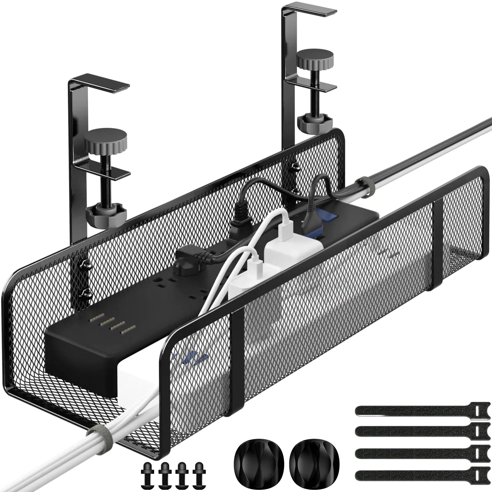 Under Desk Cable Management Tray Wire Management Desk Cable Organizer Cable Management Box Cord Organizer Under Desk Storage Cable Raceways for Office Home - No Damage to Desk No Drill