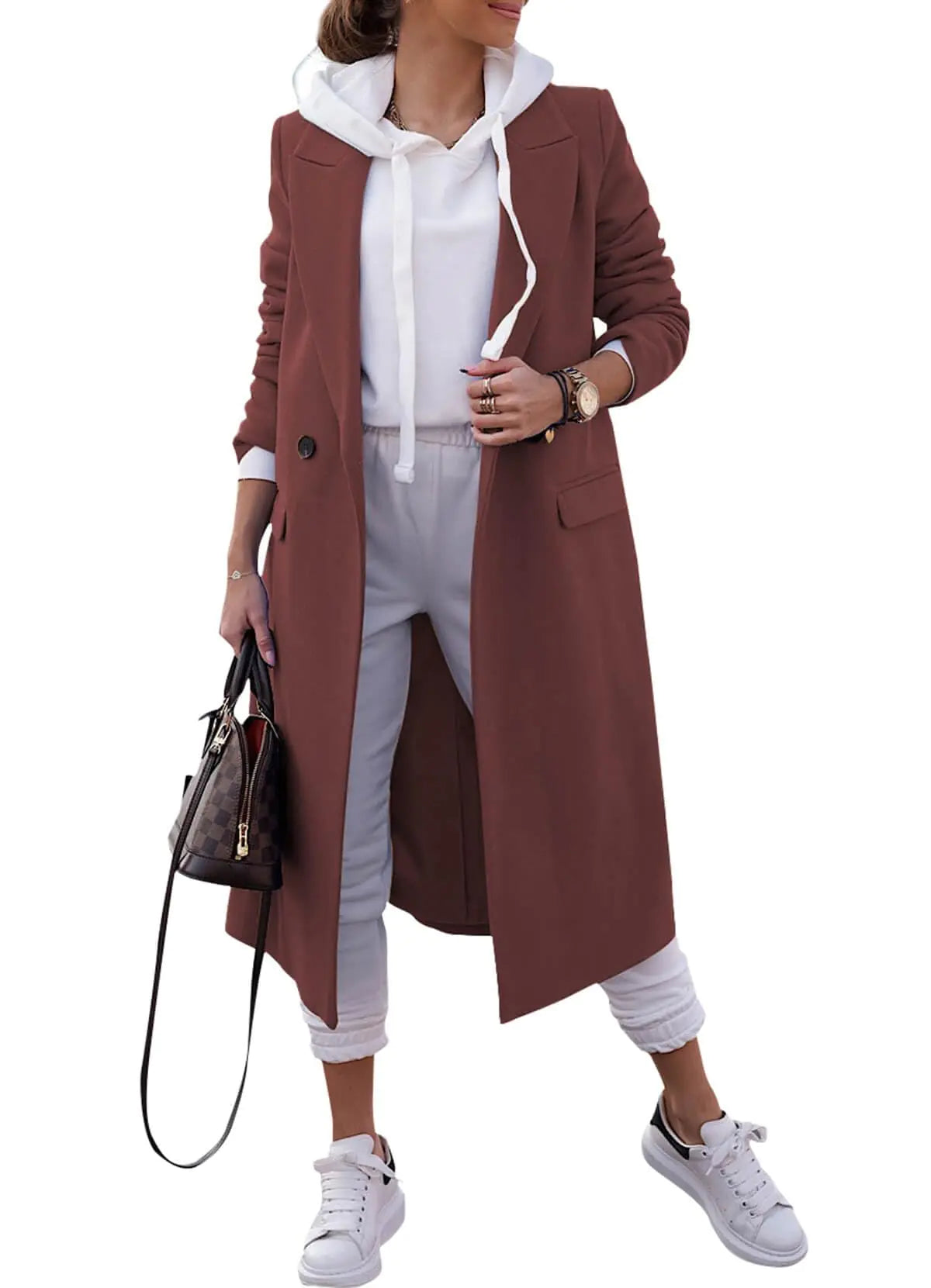 Zwurew Brown Coat Women Double Breasted Womens Wool & Pea Coats Notched Lapel Collar Womens Long Coat Trench Coat