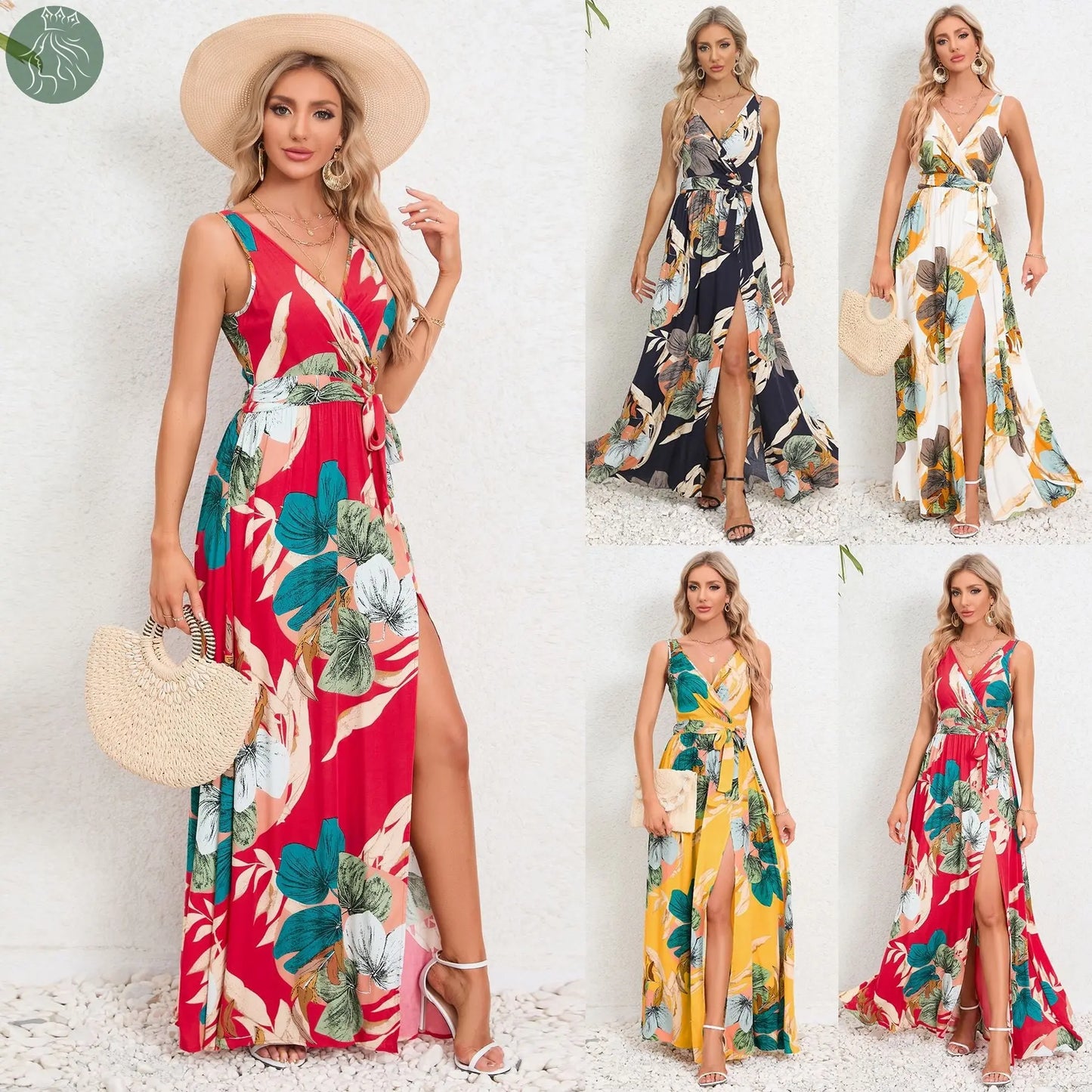 V-neck Floral Print Long Dress Summer Fashion Waist Tie Slit Design Sleeveless Dress For Womens Clothing - Eloy Royal