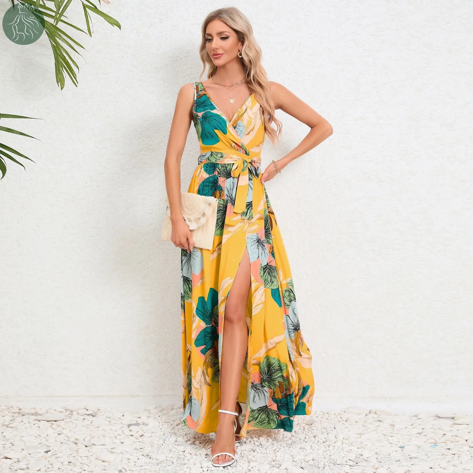 V-neck Floral Print Long Dress Summer Fashion Waist Tie Slit Design Sleeveless Dress For Womens Clothing - Eloy Royal