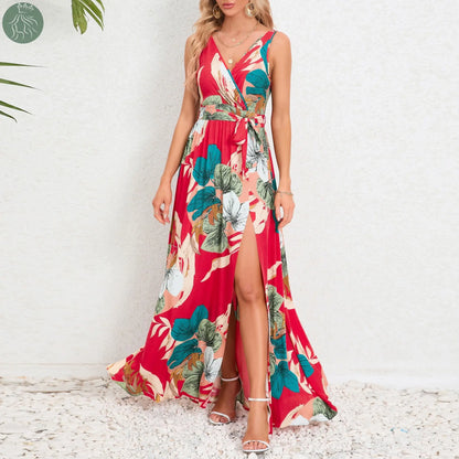 V-neck Floral Print Long Dress Summer Fashion Waist Tie Slit Design Sleeveless Dress For Womens Clothing - Eloy Royal