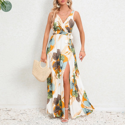 V-neck Floral Print Long Dress Summer Fashion Waist Tie Slit Design Sleeveless Dress For Womens Clothing - Eloy Royal